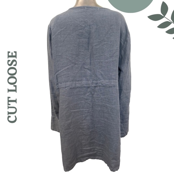 Cut Loose Blue Button-Front Linen Jacket Front Pockets Drawstring Back Large - Picture 9 of 9